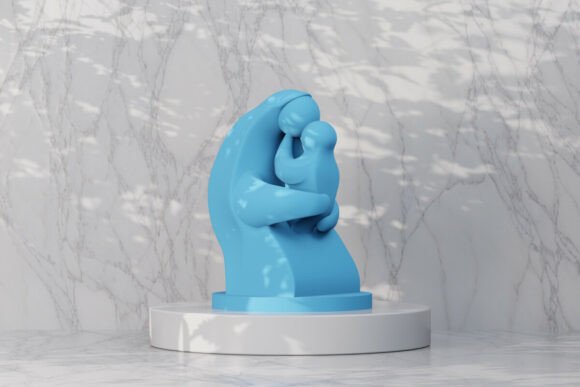 Modern Mother and Child Sculpture: Minimalist 3D Printable Art
